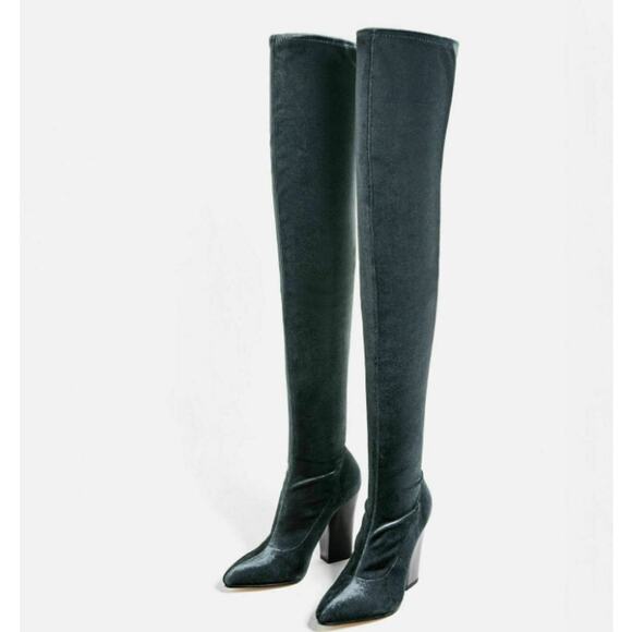 ZARA Over the Knee Boots Stretch Velvet Pointed Toe Block High Heel Blue/ Gray - Picture 3 of 15